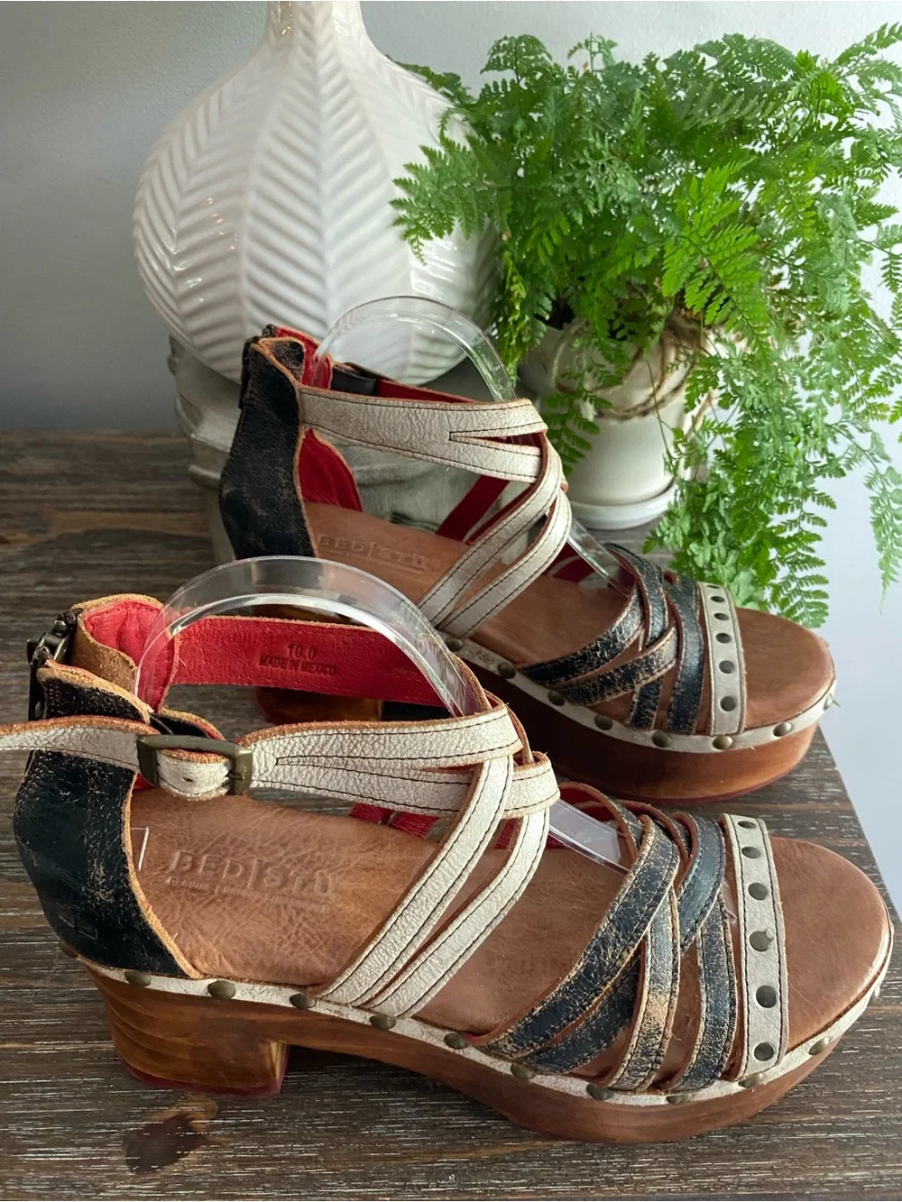 Bed|Stu Antonelli Leather Wood Platform Heeled Sandals Womens 10 Tan Black Lux - Picture 4 of 16